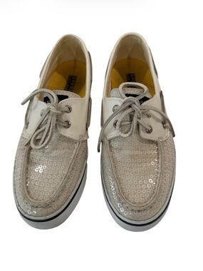 Sperry Cream-White Sequin Canvas Boat Shoes Top Siders Sneakers Preppy size 8
